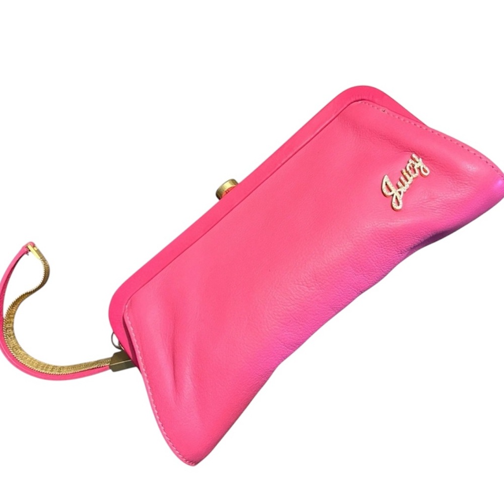 Juicy Couture Pink Leather Heart J Kisslock Clutch Wristlet Bag Y2K Gold